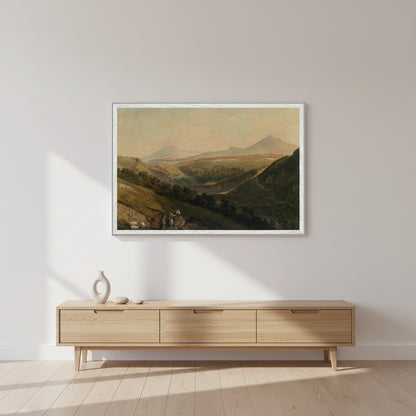 Large white framed landscape print of Wicklow’s Sugar Loaf Mountains displayed in a modern living room Large white-frame artwork above a minimalist sideboard, bright afternoon light, clean modern deco
