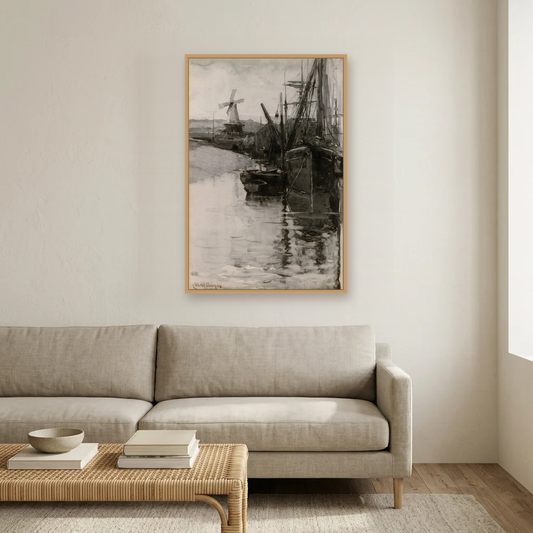 Boats in Rye Harbour, Sussex art print, framed and hung in a living room