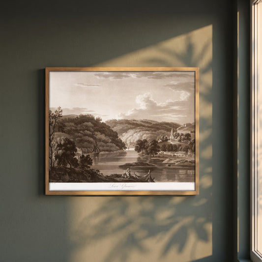 Lower Glanmire by Thomas Sautelle Roberts Art Print framed print in a natural oak frame on a dark green wall beside a window, dappled plant shadow