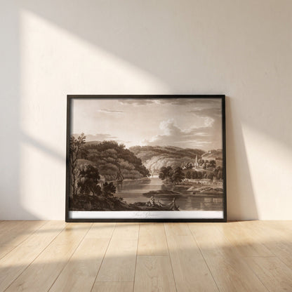 Lower Glanmire by Thomas Sautelle Roberts Art Print framed print in a black frame leaning against a white plaster wall on oak floorboards in morning light