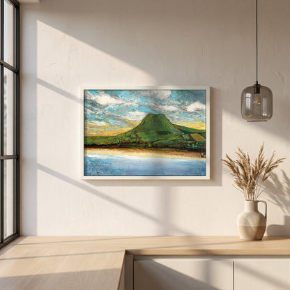 Lurig Mountain at Sunset framed print in a white frame on a plaster wall above an oak worktop in a bright Scandinavian kitchen