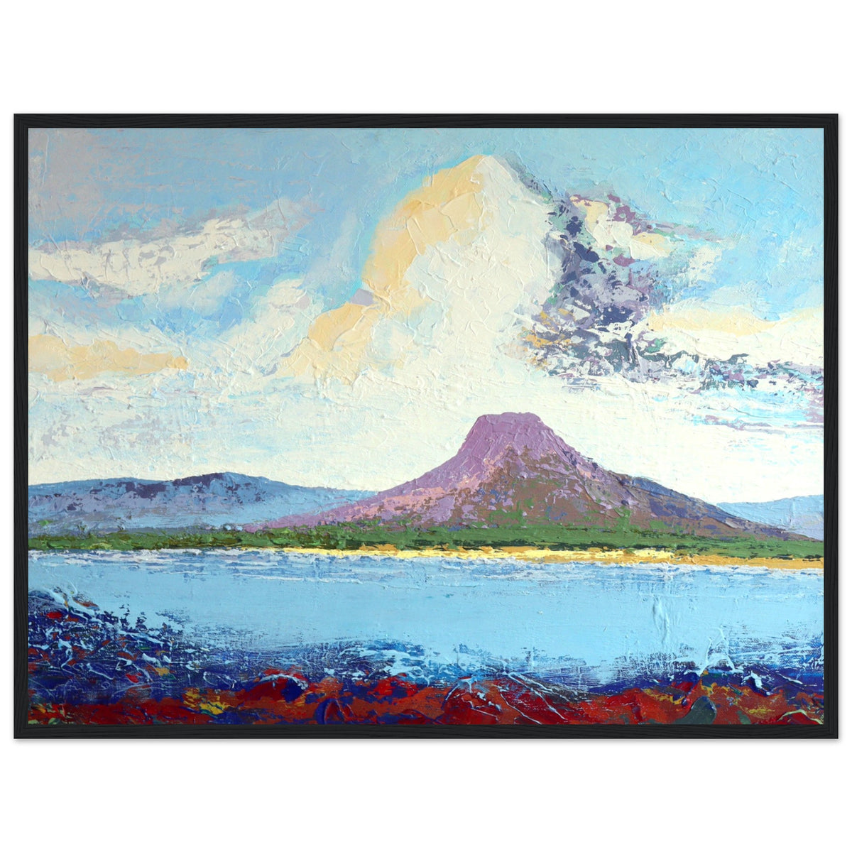 Lurig Mountain from the Shore print in a black frame, red and blue shoreline in the foreground