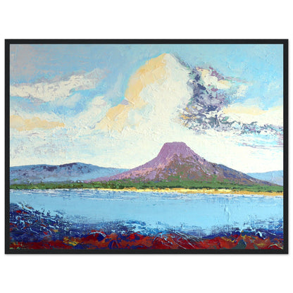 Lurig Mountain from the Shore print in a black frame, red and blue shoreline in the foreground