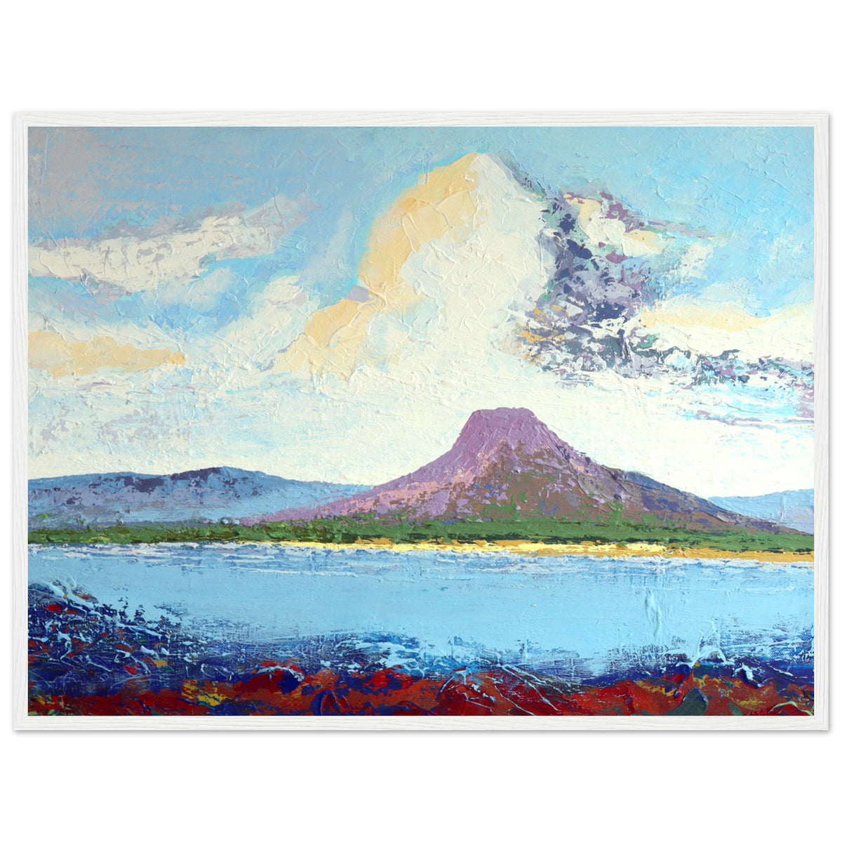 Lurig Mountain from the Shore print in a slim white frame, semi-abstract Antrim coast