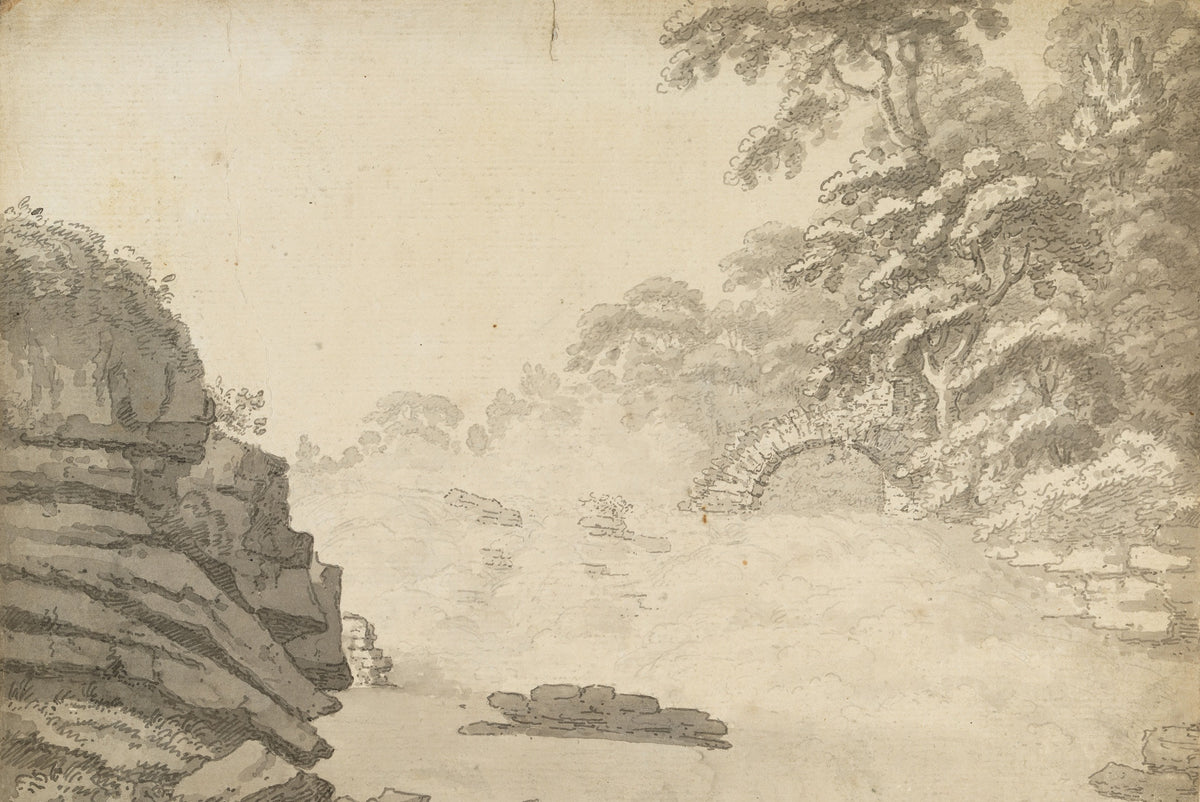 The Salmon Leap, Leixlip, County Kildare, ink and wash drawing by Christopher Machell