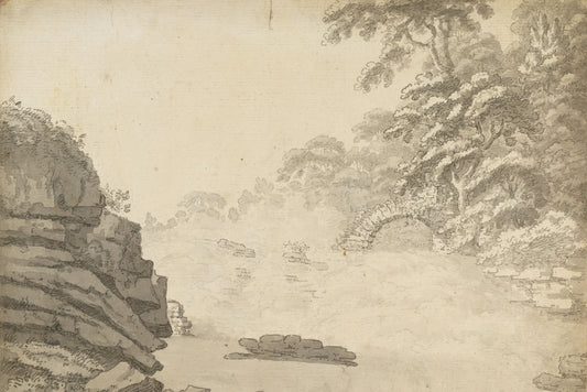 The Salmon Leap, Leixlip, County Kildare, ink and wash drawing by Christopher Machell