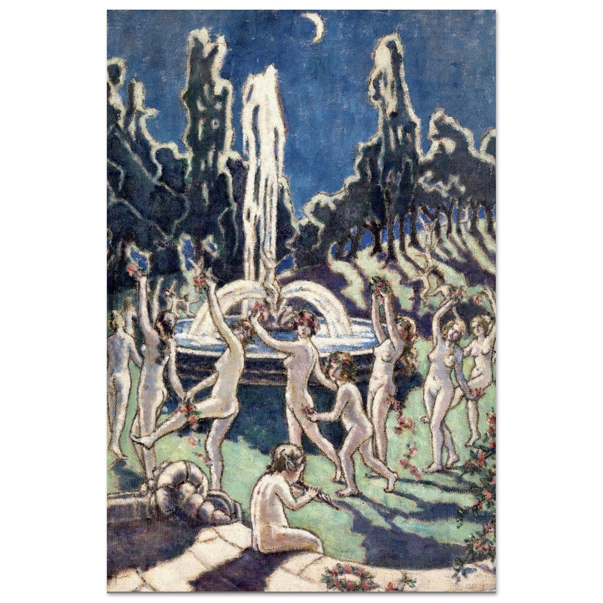 Mainie Jellett Figures Dancing Round a Fountain, dancing nudes beside a fountain and dark trees