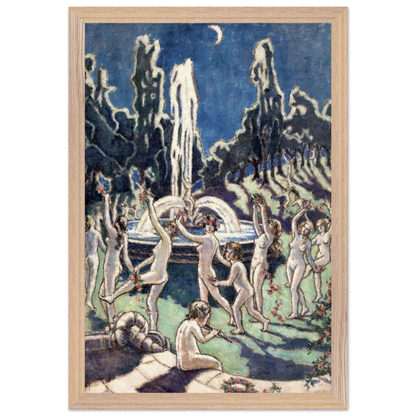 Mainie Jellett Figures Dancing Round a Fountain in a light oak frame, night sky with crescent moon