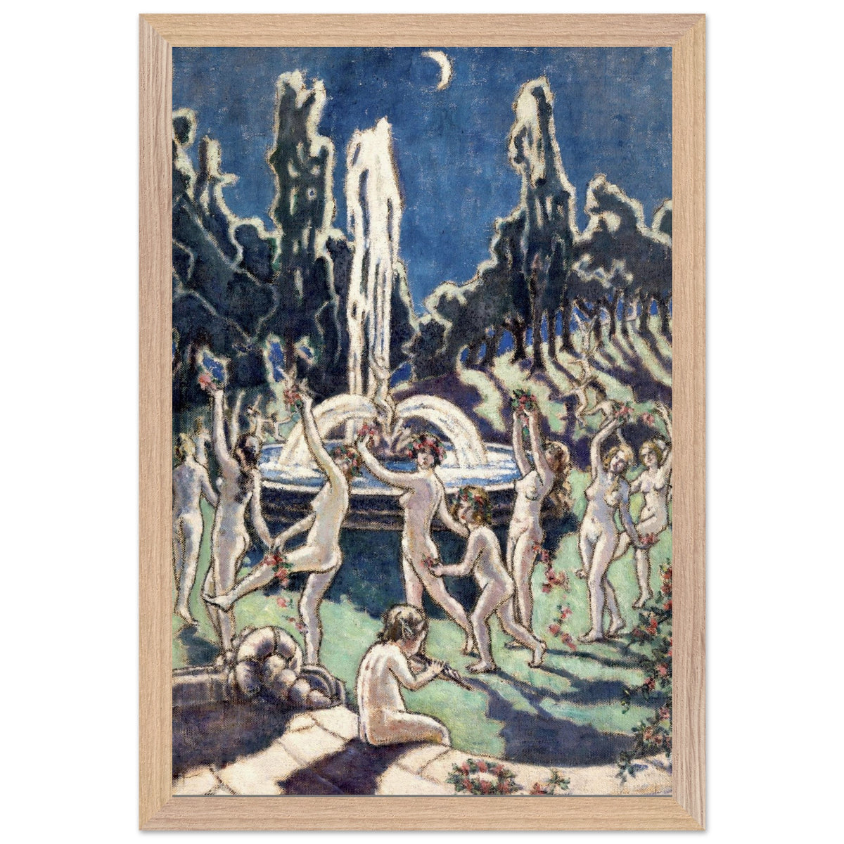 Mainie Jellett Figures Dancing Round a Fountain in a natural wood frame, moonlit dancers