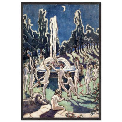Mainie Jellett Figures Dancing Round a Fountain print in a thin dark frame, moonlit garden scene