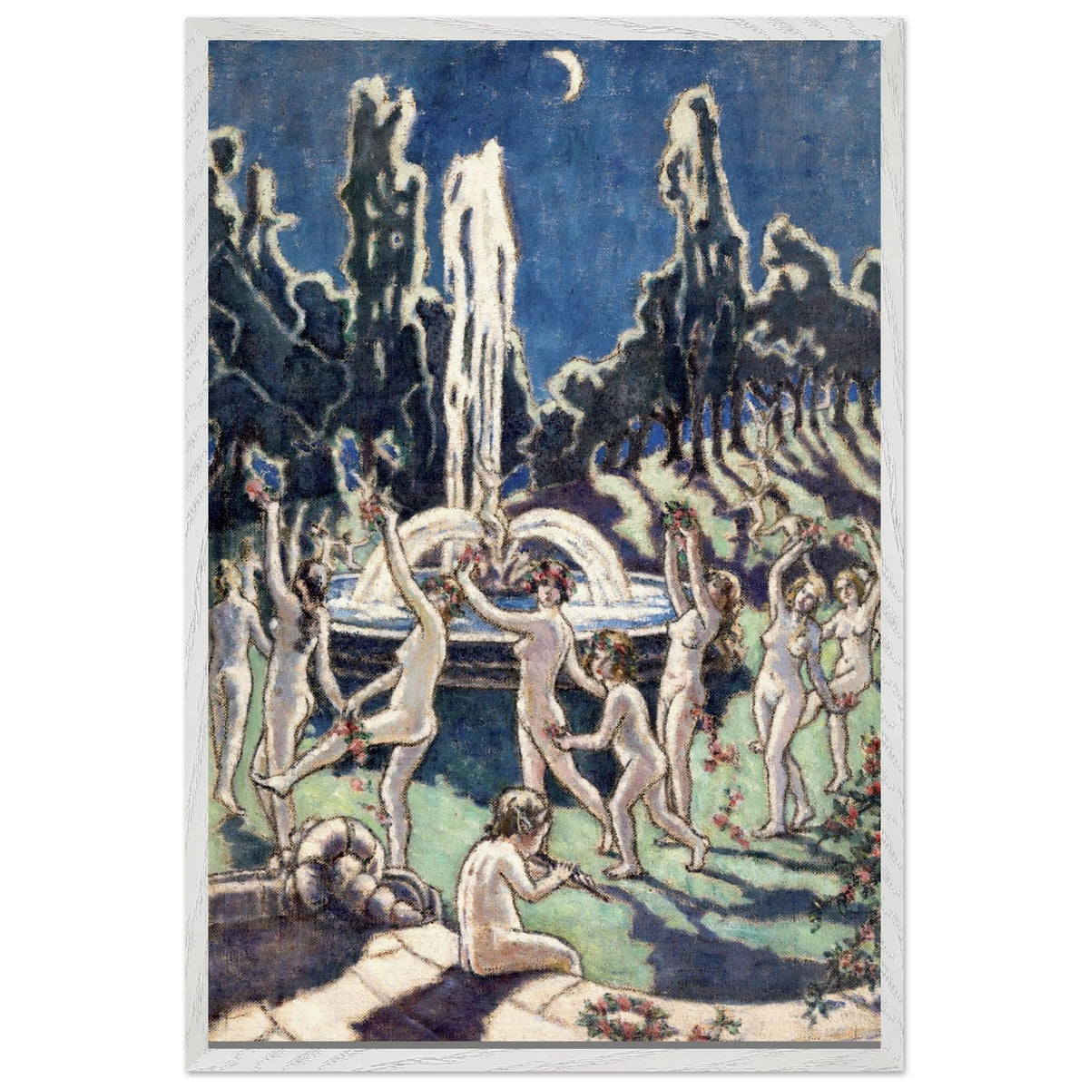 Mainie Jellett Figures Dancing Round a Fountain with a narrow white frame, blue and green palette
