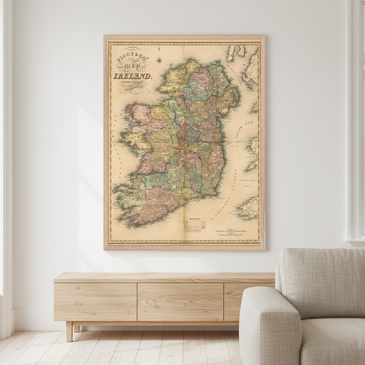 Framed map of Ireland print displayed above sideboard in warm living room setting | Buy Irish Art