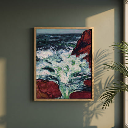 Marée Montante framed print in a natural oak frame on a dark green wall beside a window, dappled plant shadow