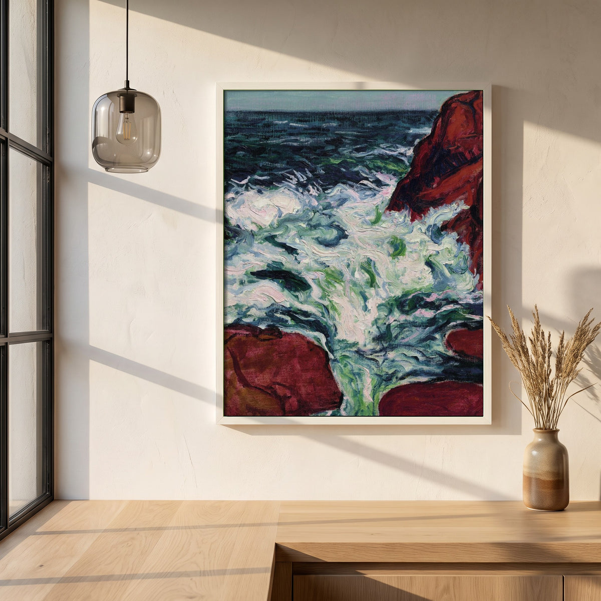 Marée Montante framed print in a white frame on a plaster wall above an oak worktop in a bright Scandinavian kitchen