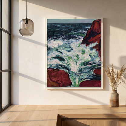 Marée Montante framed print in a white frame on a plaster wall above an oak worktop in a bright Scandinavian kitchen