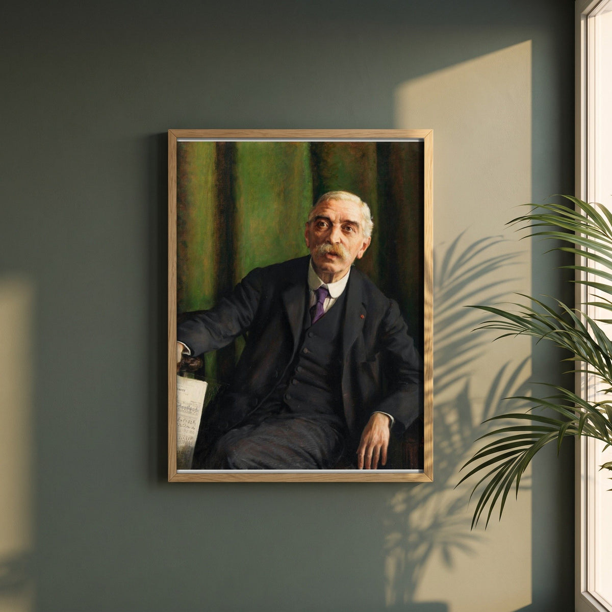 Michele Esposito framed print in a natural oak frame on a dark green wall beside a window, dappled plant shadow