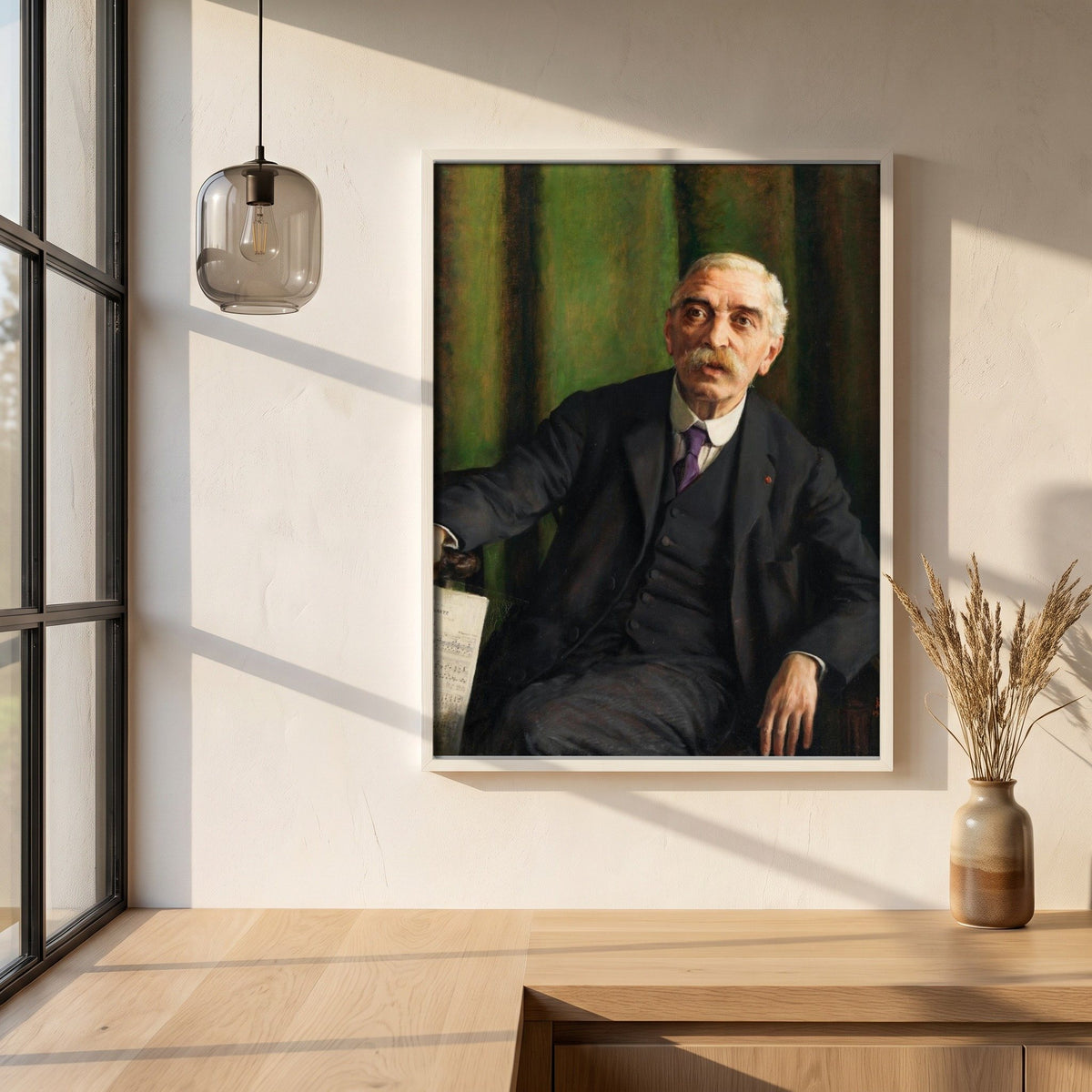 Michele Esposito framed print in a white frame on a plaster wall above an oak worktop in a bright Scandinavian kitchen