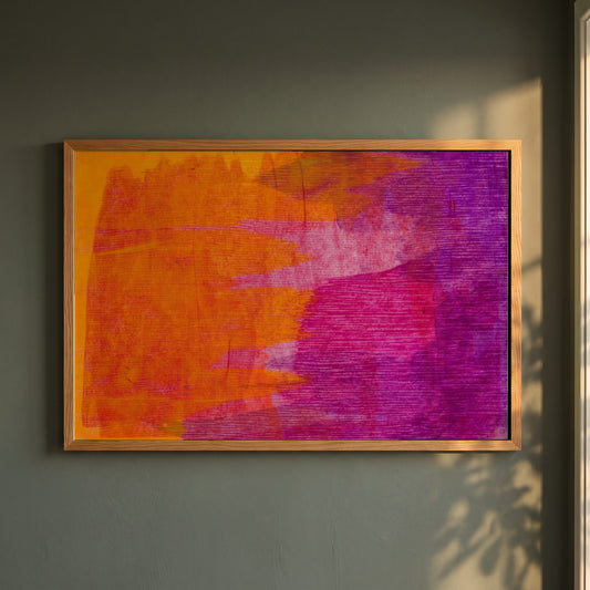Minimalist Abstract Modern Style Orange & Purple framed print in a natural oak frame on a dark green wall beside a window, dappled plant shadow