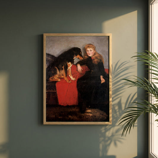 Miss Eva Fulton framed print in a natural oak frame on a dark green wall beside a window, dappled plant shadow