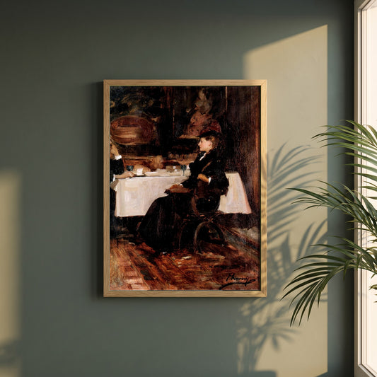 Mrs Adam at Dinner framed print in a natural oak frame on a dark green wall beside a window, dappled plant shadow