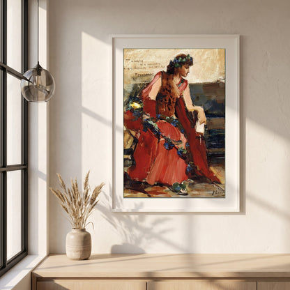 Mrs Langtry as a Bacchante John Lavery framed print in a white frame on a plaster wall above an oak worktop in a bright Scandinavian kitchen