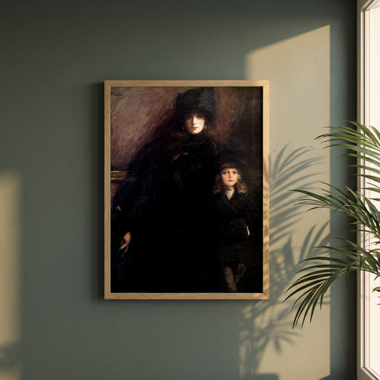 Mrs Lavery and Alice framed print in a natural oak frame on a dark green wall beside a window, dappled plant shadow