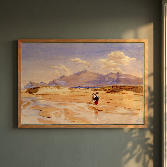 Muiríoch Beach, Corca Dhuibhne framed print in a natural oak frame on a dark green wall beside a window, dappled plant shadow