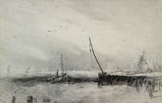 Vessels in a Squall off the Coast, black chalk drawing by William Mulready