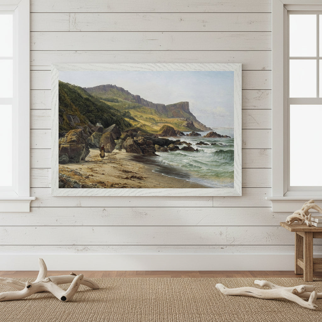 Murlough Bay, Antrim coast print in a white frame on whitewashed timber walls with driftwood