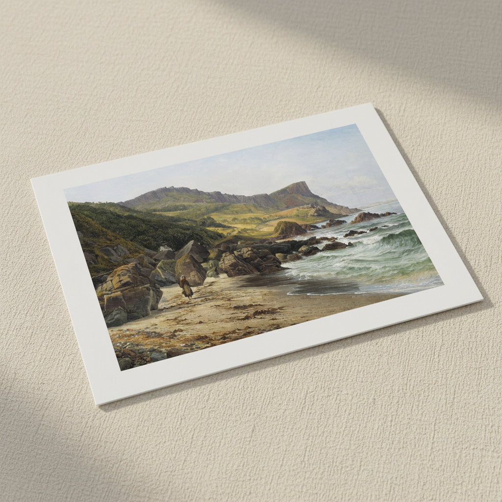 Murlough Bay and Fair Head unframed print on textured paper lying on linen in soft daylight