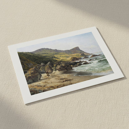 Murlough Bay and Fair Head unframed print on textured paper lying on linen in soft daylight