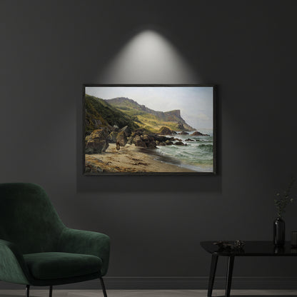 Murlough Bay print in a black frame under a spotlight on a charcoal wall with a green velvet chair