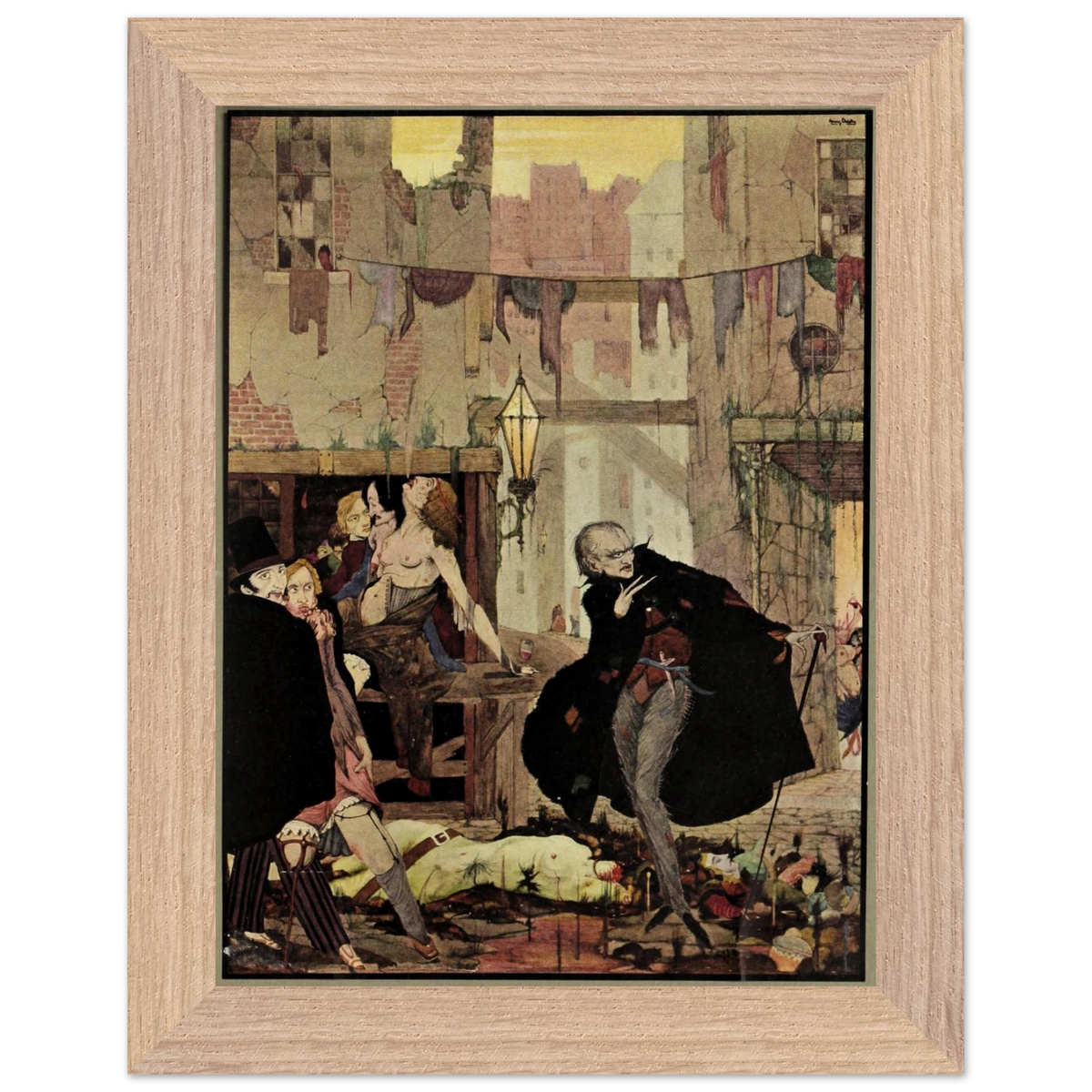 Noisome Quarter by Harry Clarke (1923) in a wide oak frame, cloaked figure in a crowded street