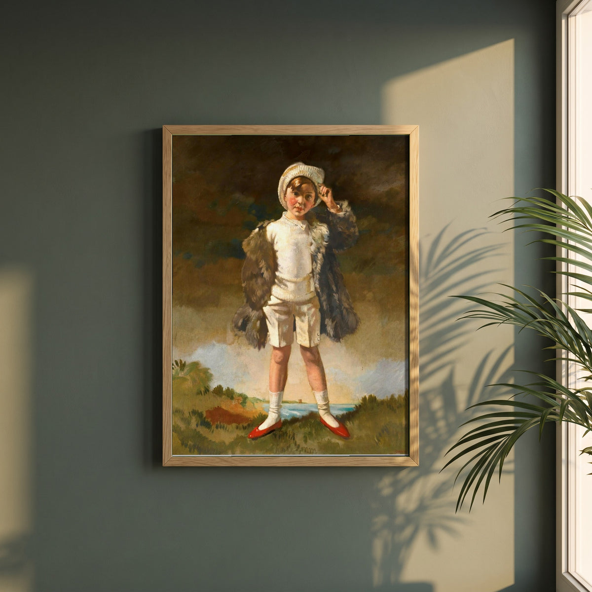Noll, Son of Oliver St John Gogarty framed print in a natural oak frame on a dark green wall beside a window, dappled plant shadow