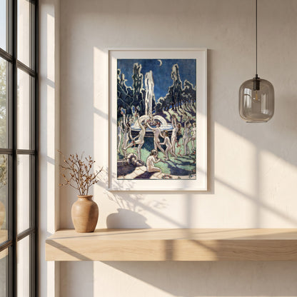 Figures Dancing Round a Fountain framed print in a white frame on a plaster wall above an oak worktop in a bright Scandinavian kitchen