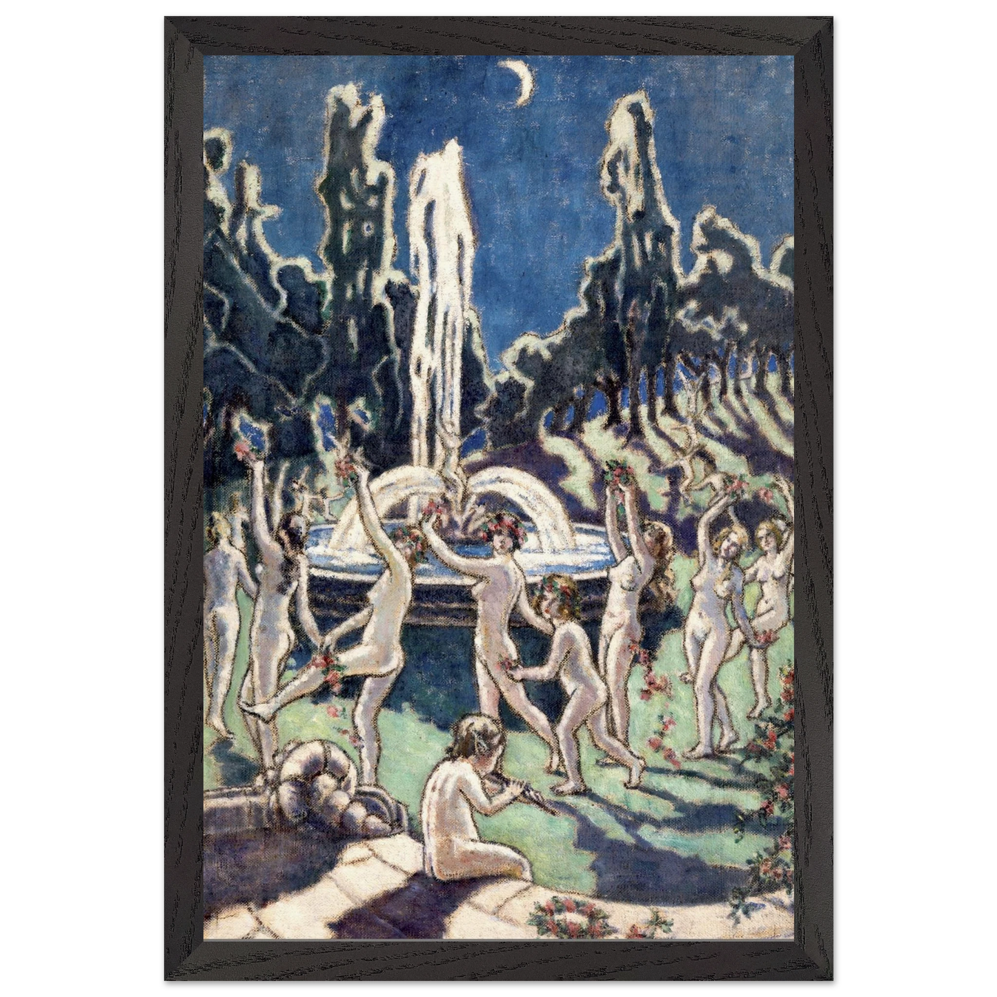 Nudes Dancing round a Fountain by Moonlight by Mainie Jellett – black framed Irish modern art reproduction