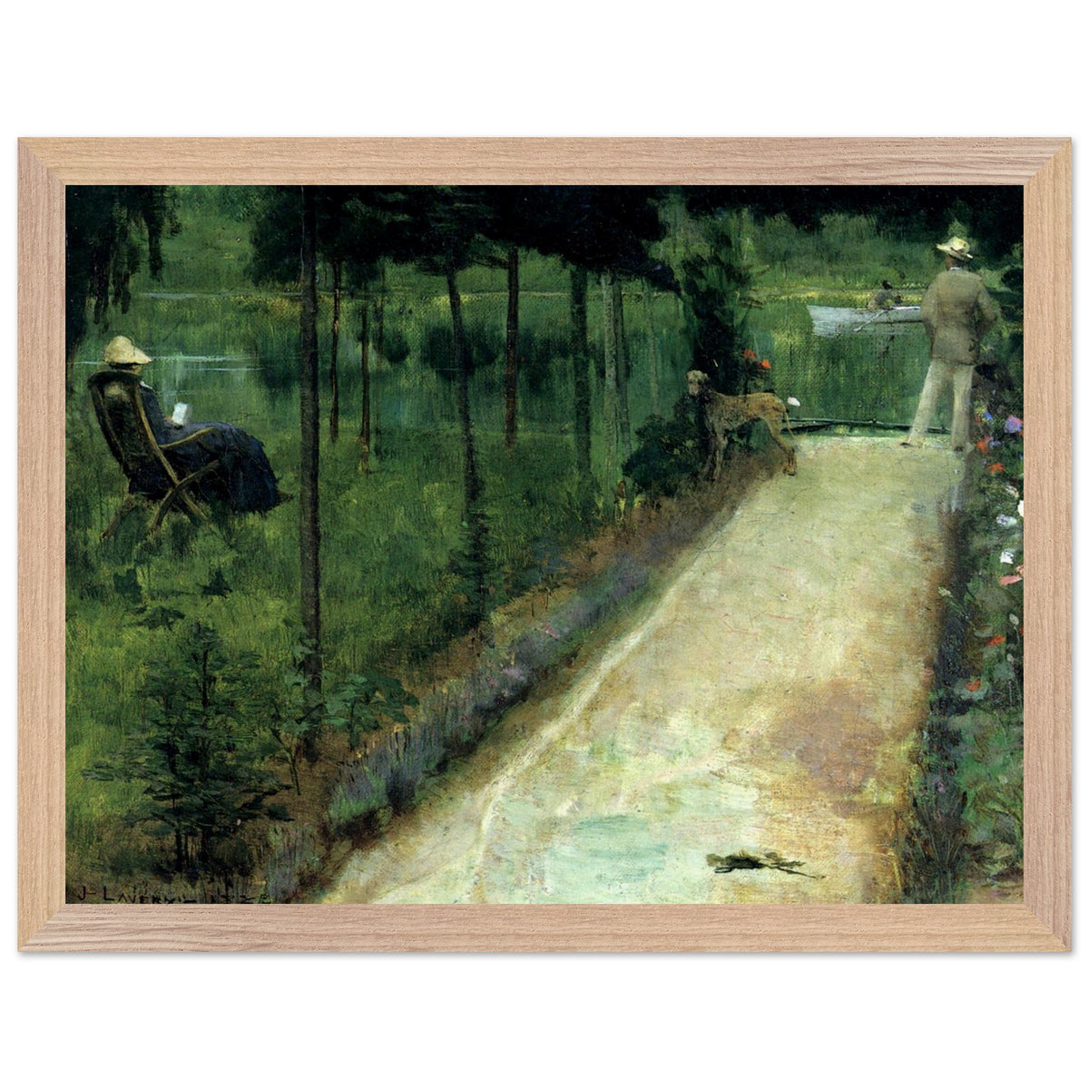 Oak-framed print of A Grey Summer's Day, Grez, 1883 painting by Sir John Lavery