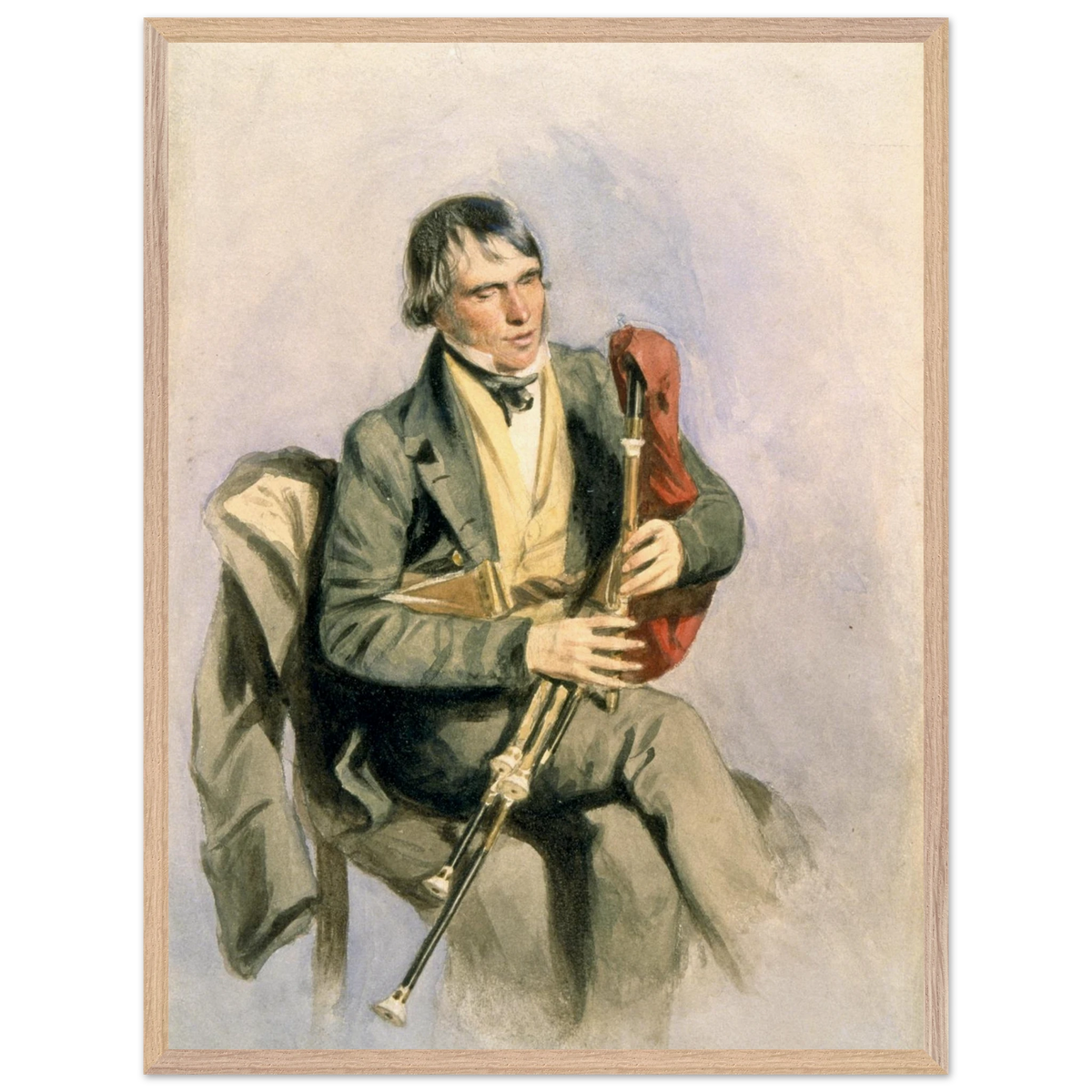 Paddy Conneely The Galway Piper in a pale wood frame on a dark background