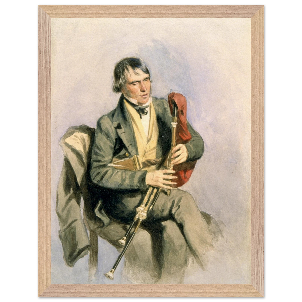 Paddy Conneely The Galway Piper print in a light oak frame, straight-on