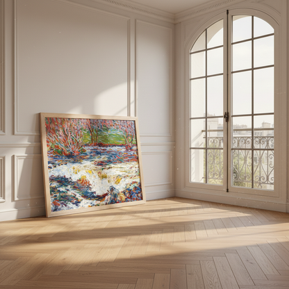 The Rushing Stream by Roderic O'Conor in an oak frame leaning against a panelled wall beside an arched window