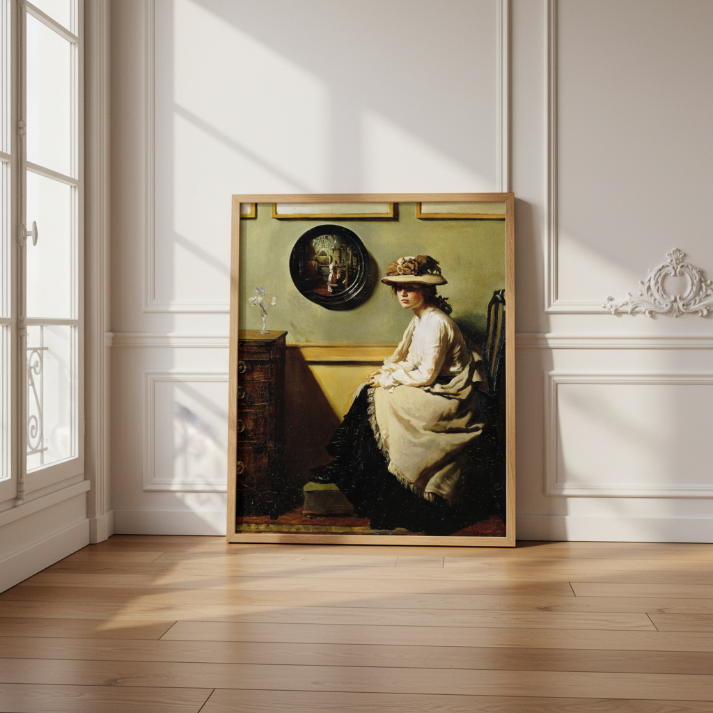 The Mirror by William Orpen in an oak frame leaning in a panelled room beside a tall window