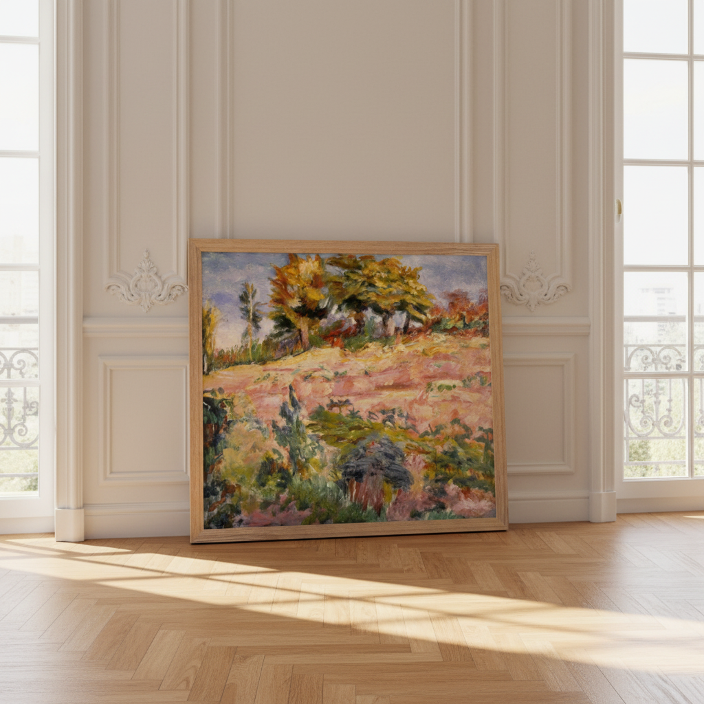 O'Conor Landscape print in an oak frame leaning on a herringbone floor in a panelled room with tall windows