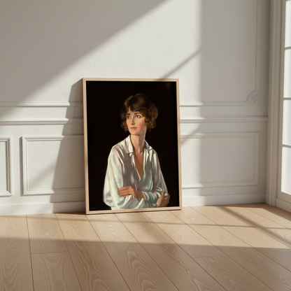 Lady Marriott by William Orpen print in an oak frame leaning on a panelled wall above a wooden floor