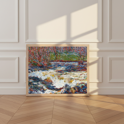 The Rushing Stream by Roderic O'Conor in an oak frame leaning against a panelled wall on a herringbone floor