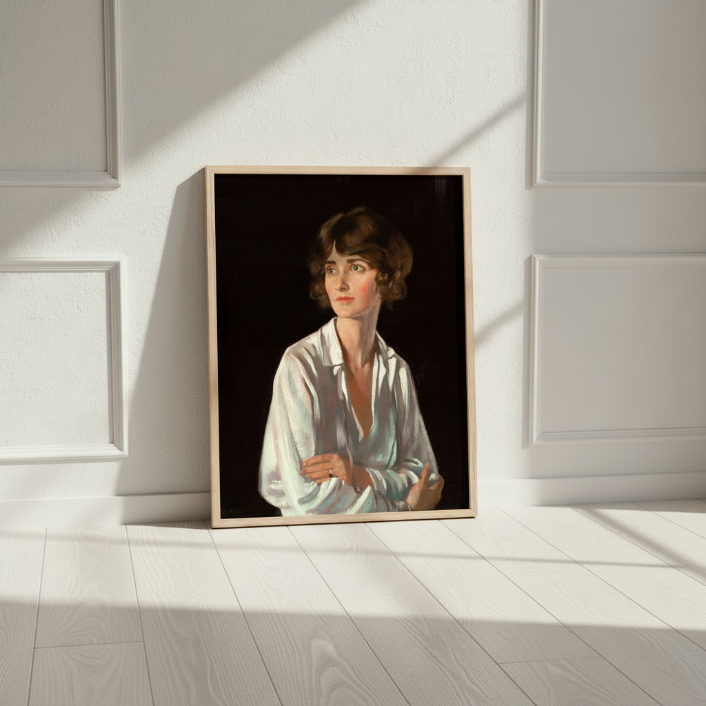Lady Marriott by William Orpen print in a natural wood frame against a panelled white wall