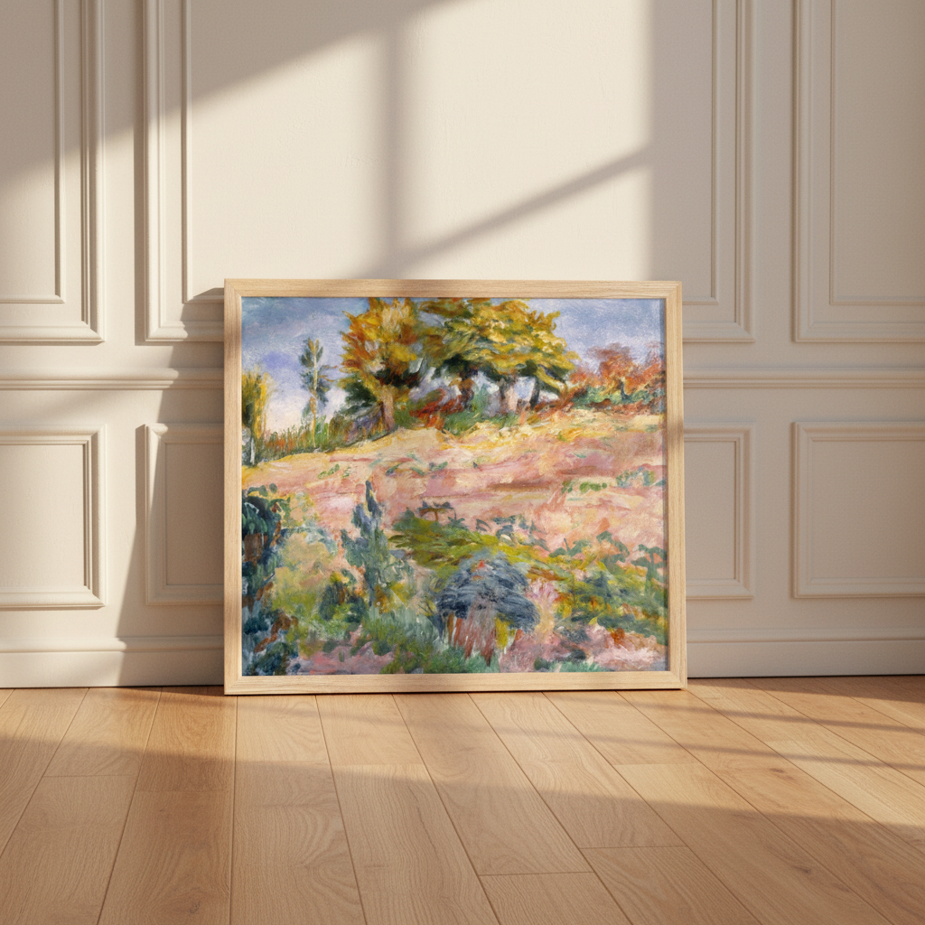 Landscape by Roderic O'Conor print in a natural oak frame leaning against a panelled wall on a wooden floor
