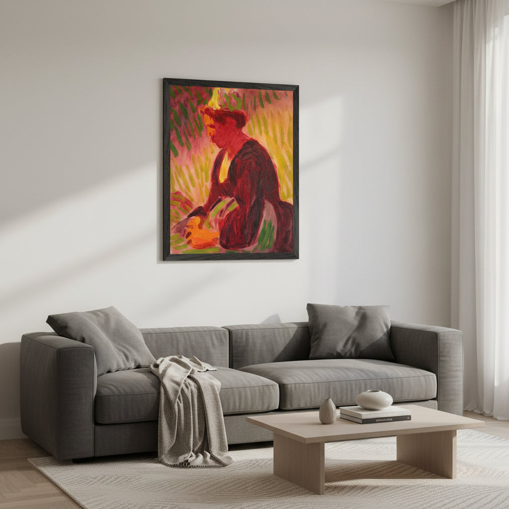 Roderic O'Conor Peasant Woman Seated Outdoors print in a black frame above a grey sofa