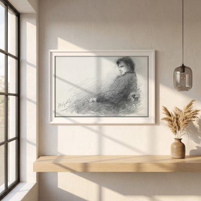 Portrait of a Young W.B. Yeats framed print in a white frame on a plaster wall above an oak worktop in a bright Scandinavian kitchen