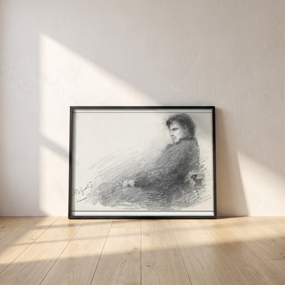 Portrait of a Young W.B. Yeats framed print in a black frame leaning against a white plaster wall on oak floorboards in morning light