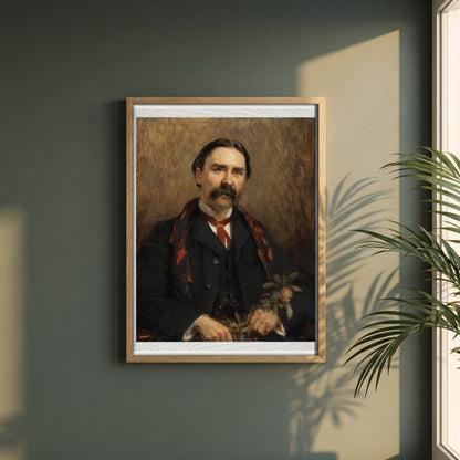 Portrait of Dr Douglas Hyde framed print in a natural oak frame on a dark green wall beside a window, dappled plant shadow